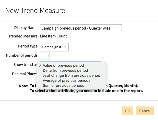 New Trend Measure modal with all fields completed